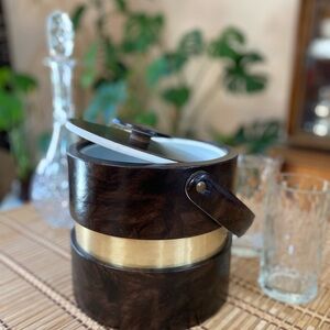 Vintage Faux Leather Brown and Gold Ice Bucket